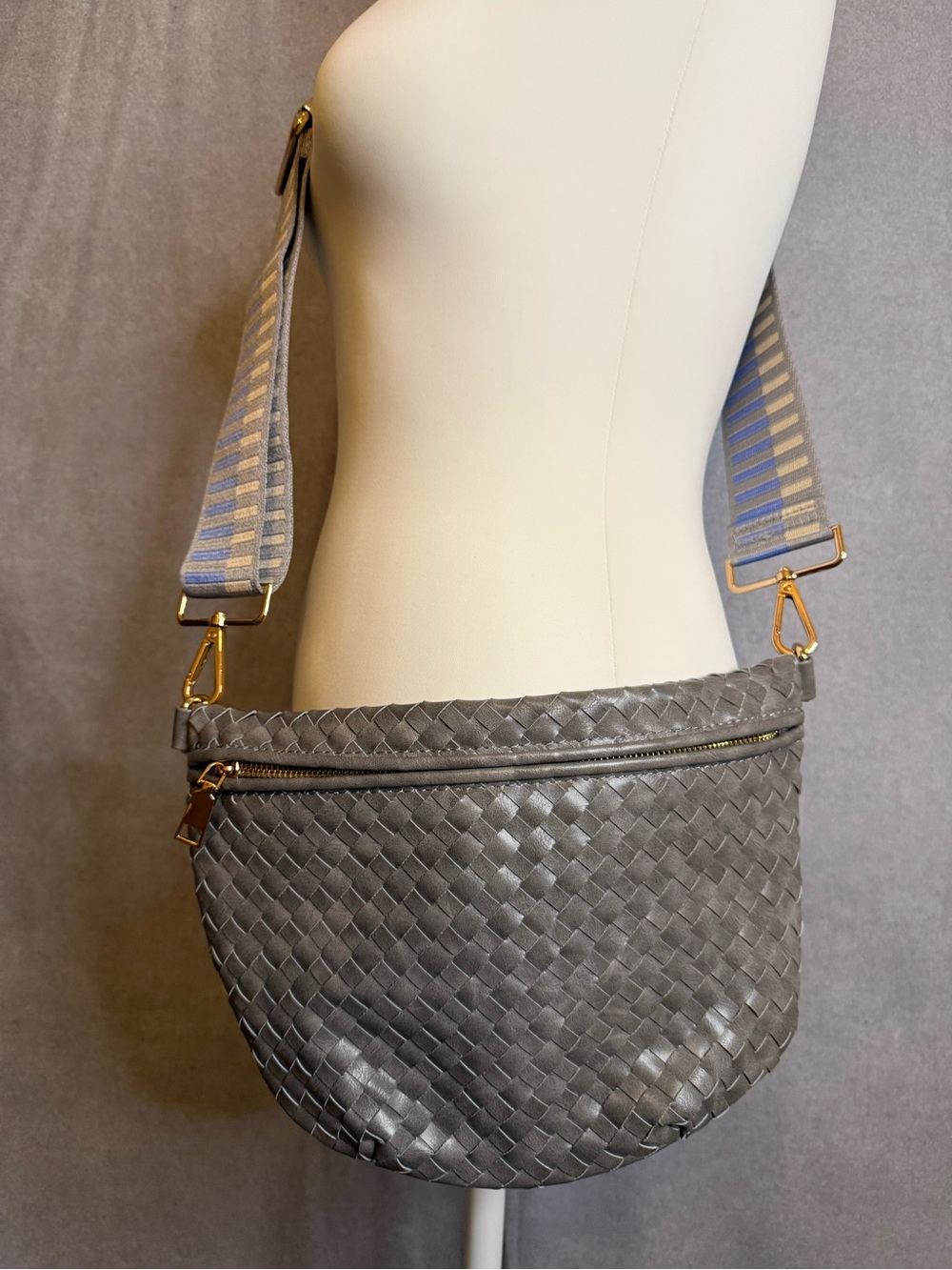 PS Gray Woven Crossbody Bag | Faux Leather | Wide Stripe Guitar Strap